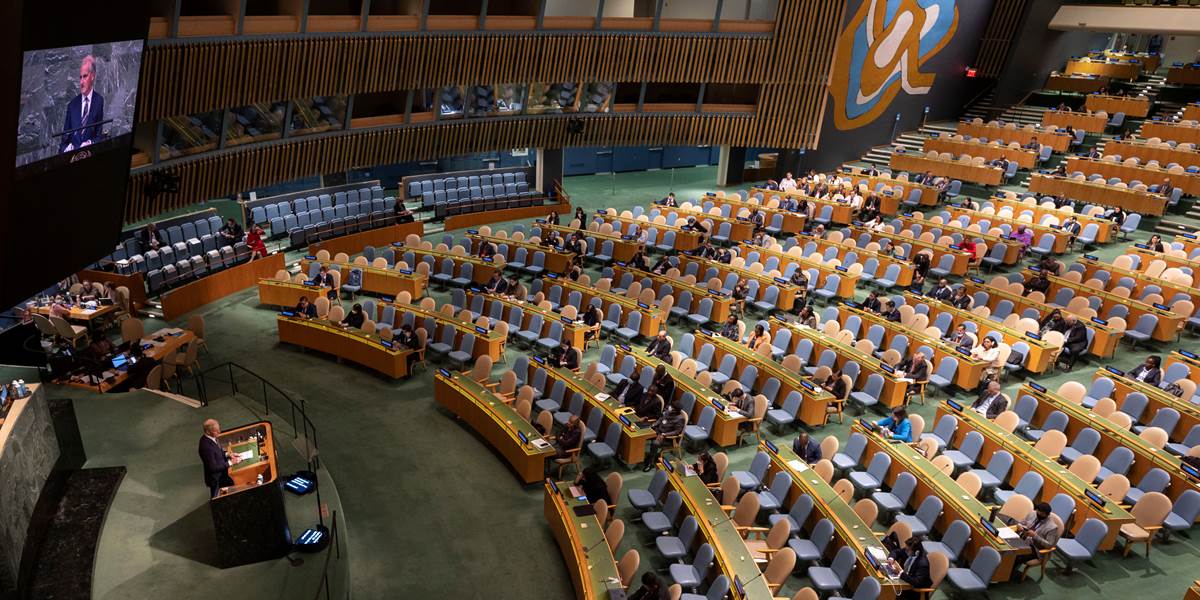 Prime Minister of Norway Jonas Gahr Støre speaking to the General Assembly