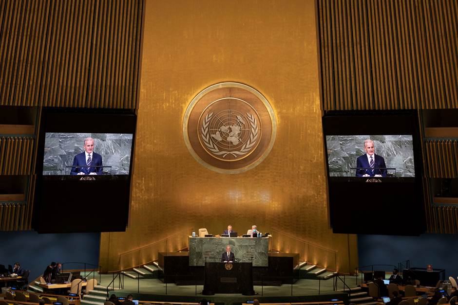 Prime Minister of Norway Jonas Gahr Støre speaking to the General Assembly
