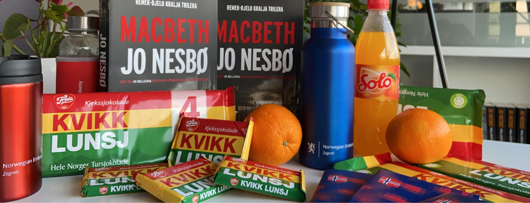 "Macbeth" book of Jo Nesbø, "solo" soda and "kvikk lunsj" chocolate