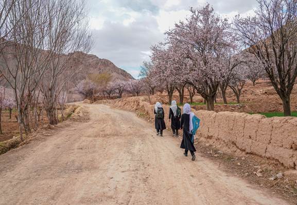 Afghan girls going to school, 2021, Sayghan district of Bamiyan province, Afghanistan.