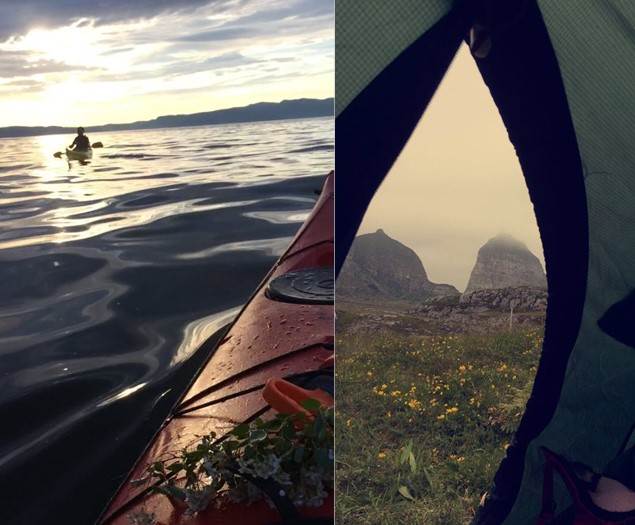 To bilder - en fra en kajak og en fra en teltåpning med natur i bakgrunnen