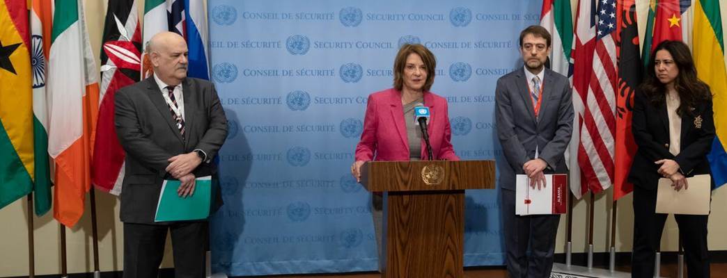 Mona Juul giving a statement to the press from Security council stakeout area - Photo: UN Photo/Mark Garten