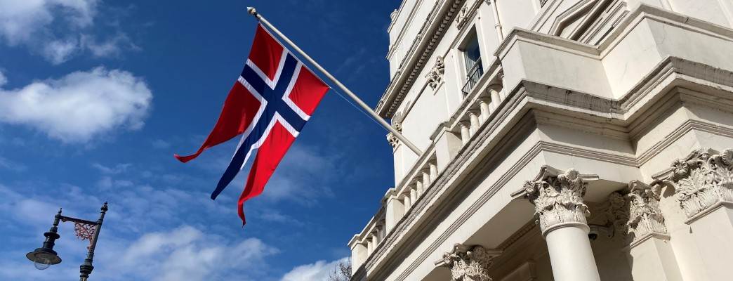 The Norwegian flag flying outside the Embassy in London